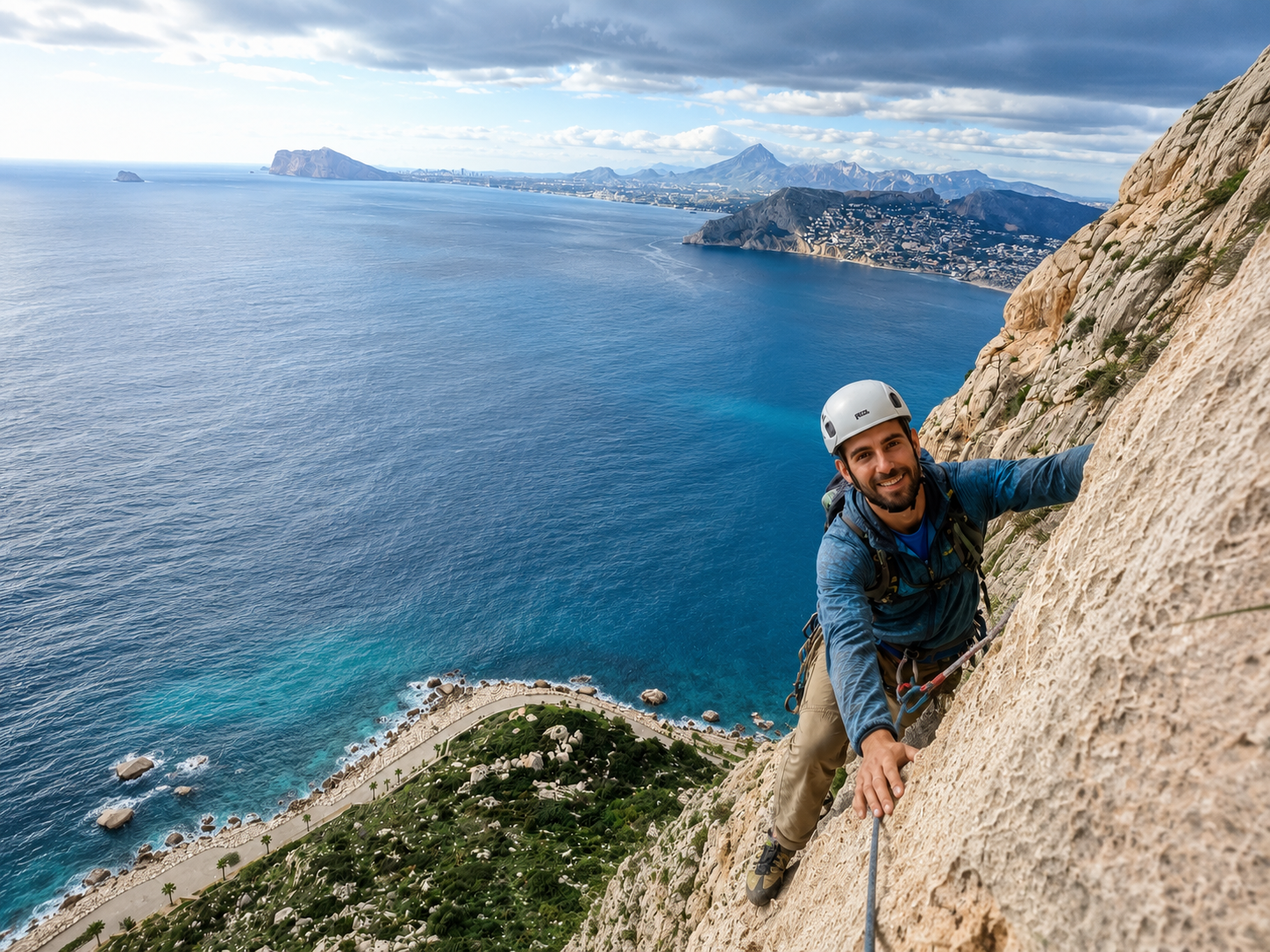 Escalada guiada en el Peñón de Ifach con vistas al mar Mediterráneo y la Costa Blanca.