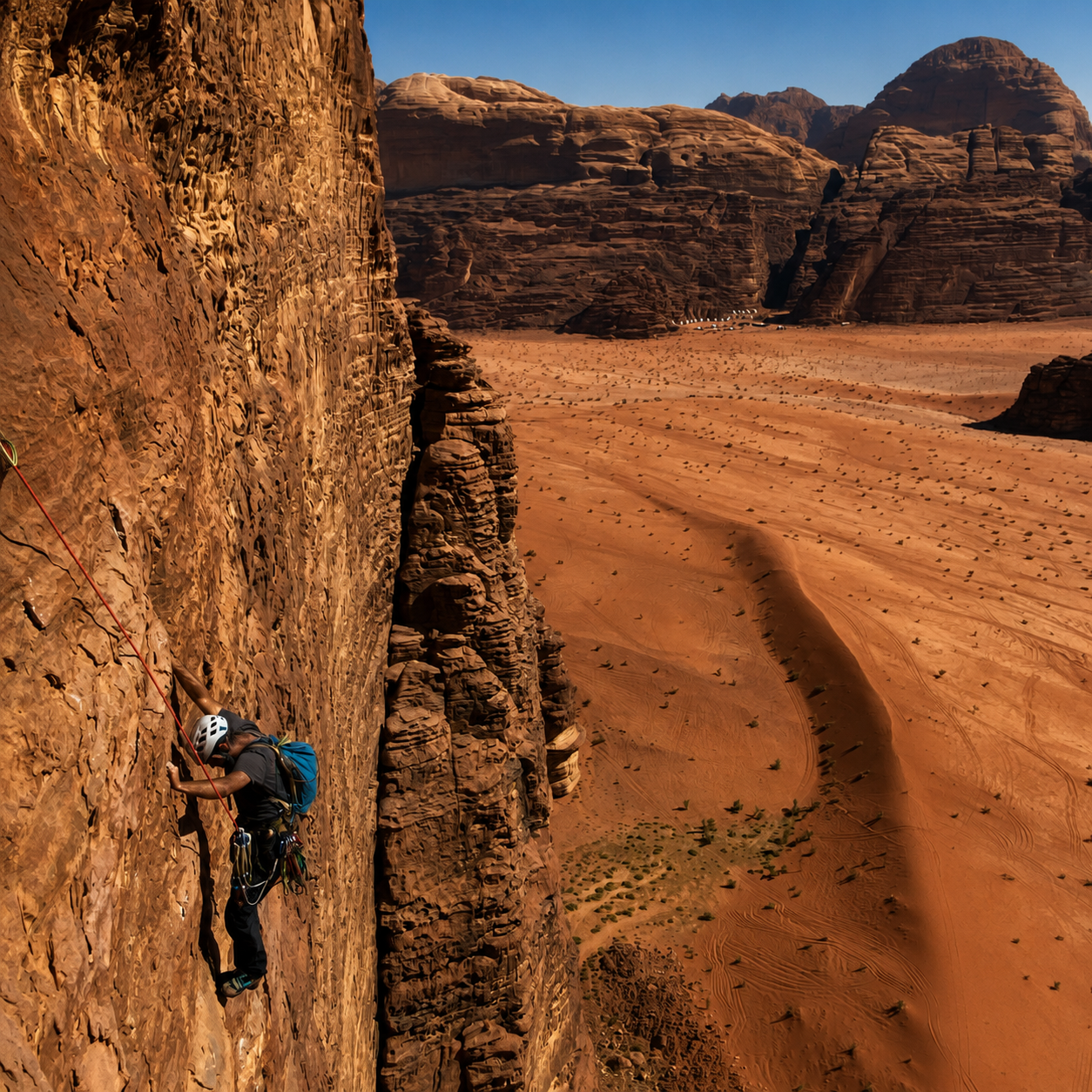 Escalador progresando en vía de varios largos en wadi rum, jordania