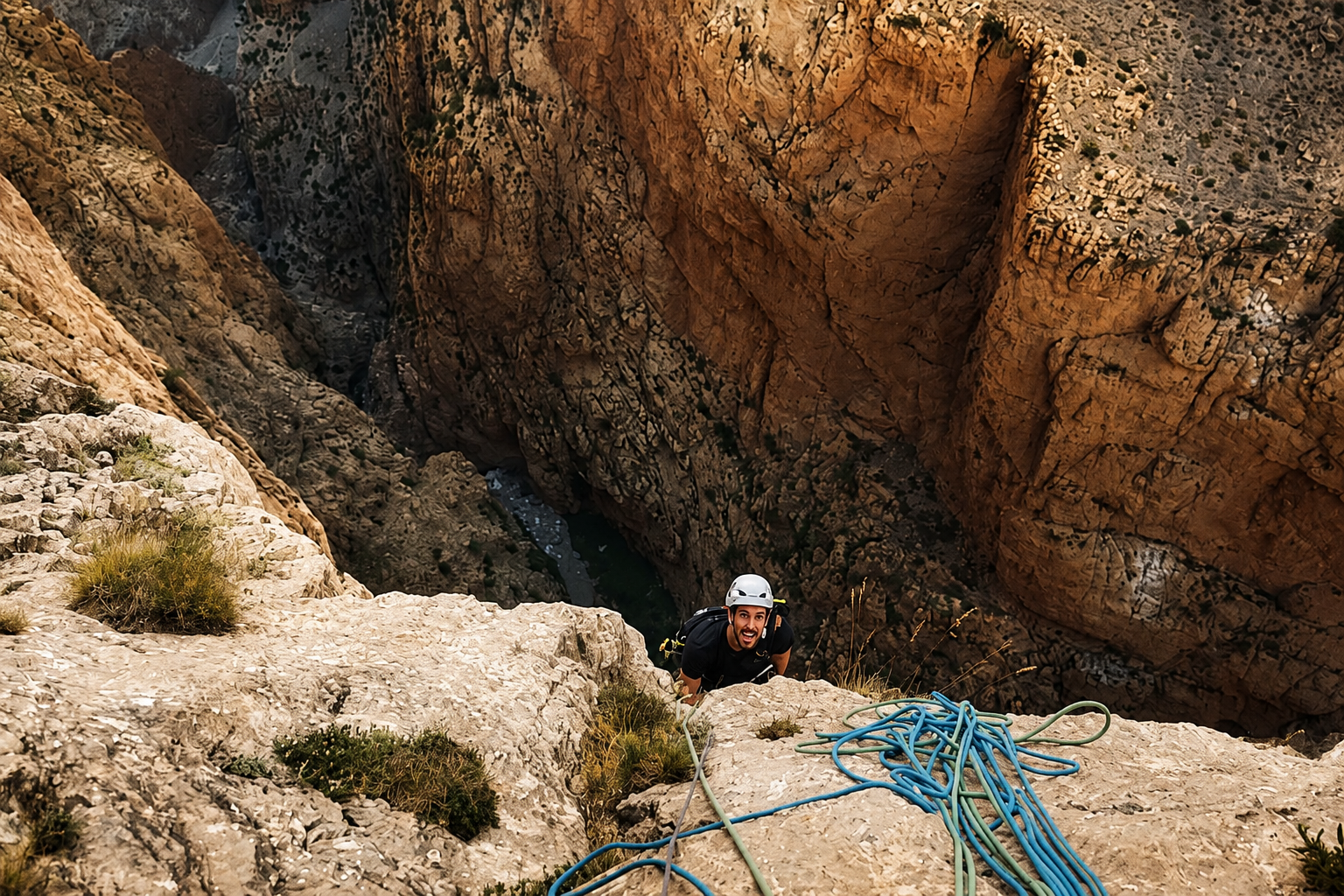 Escalador llegando a la cima en una escalada guiada en las paredes de taghia, marruecos